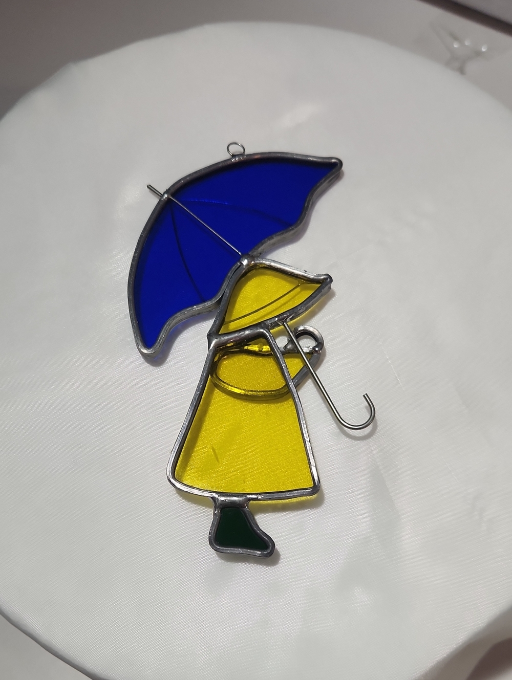 Blue & Yellow Stained Glass Raincoat Girl Suncatcher by
